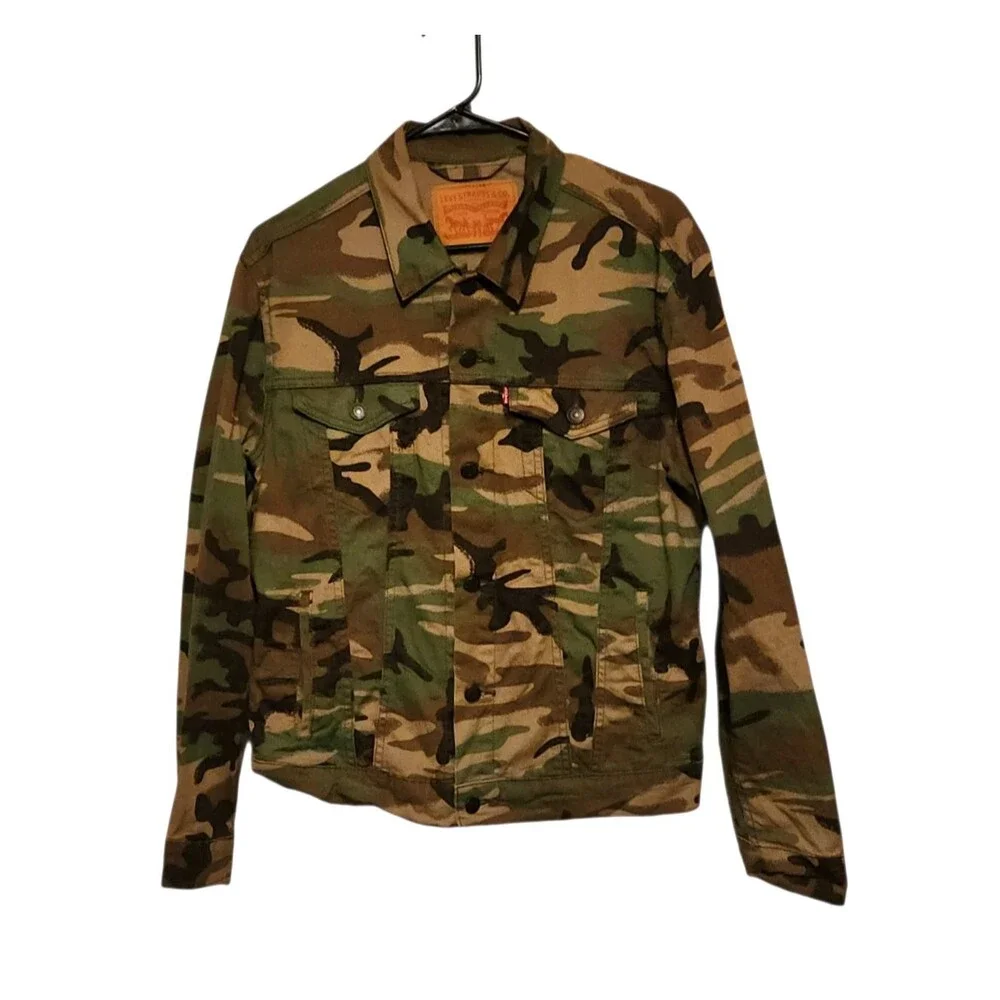 Levi's Trucker Jacket Green Brown Woodland Camouflage Button Front Mens Size M - Picture 2 of 6